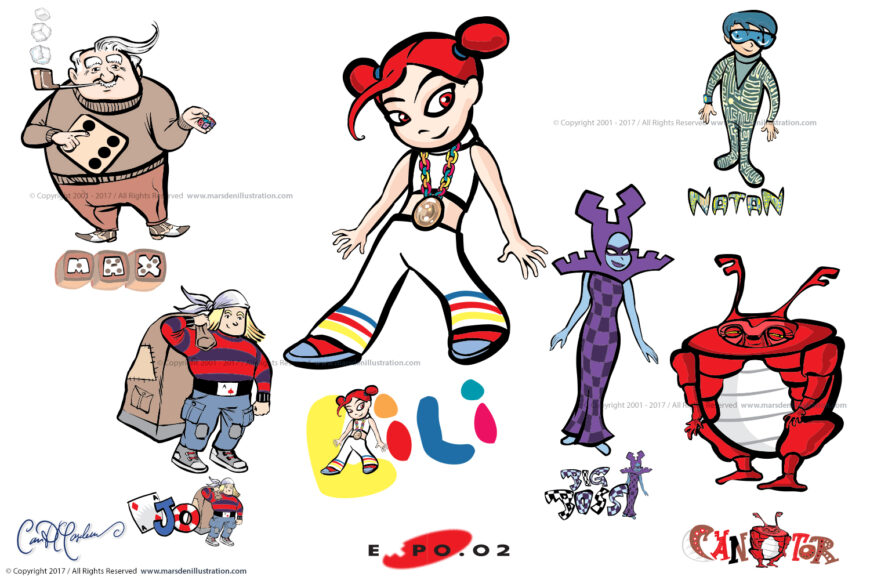 Colorful cartoon characters with unique costumes, including a central figure with red pigtails.