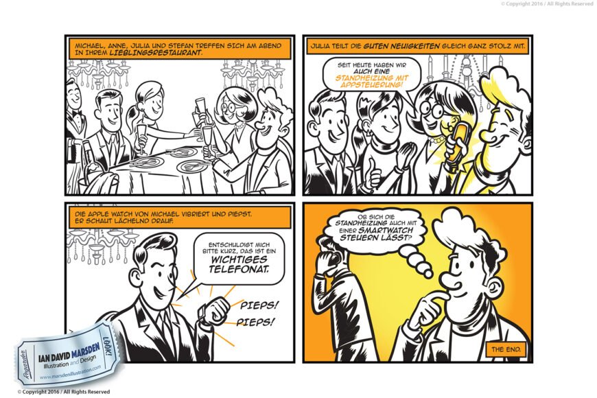 Comic strip of friends dining, discussing app-controlled features and smartwatch technology.