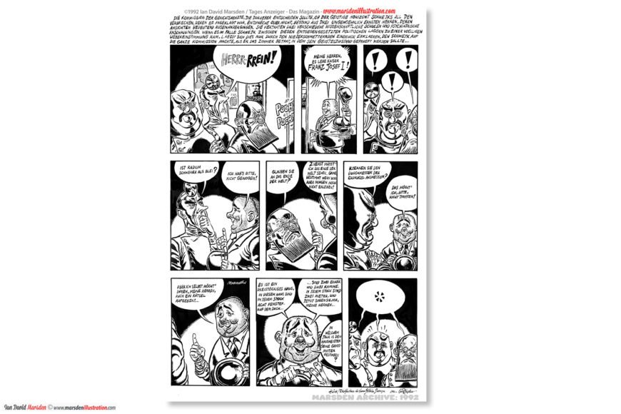 Black-and-white comic strip with characters humorously discussing materials and historical figures.