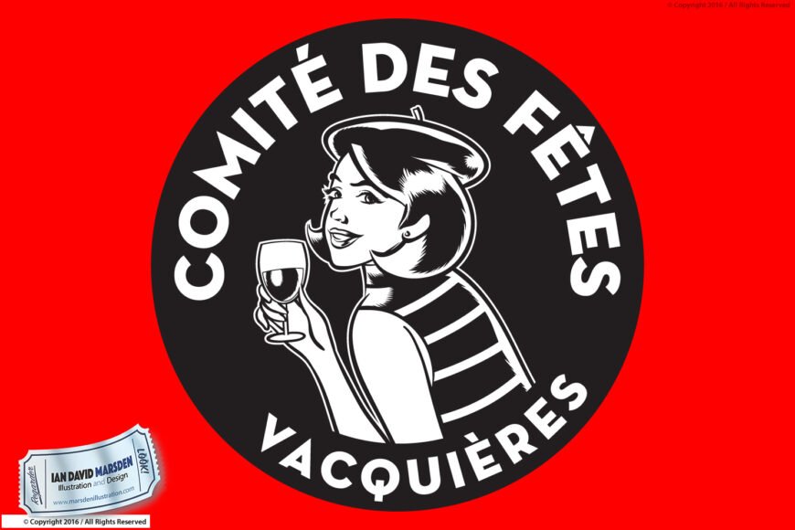 Circular logo with a woman in a beret holding wine, "Comité des Fêtes Vacquières".