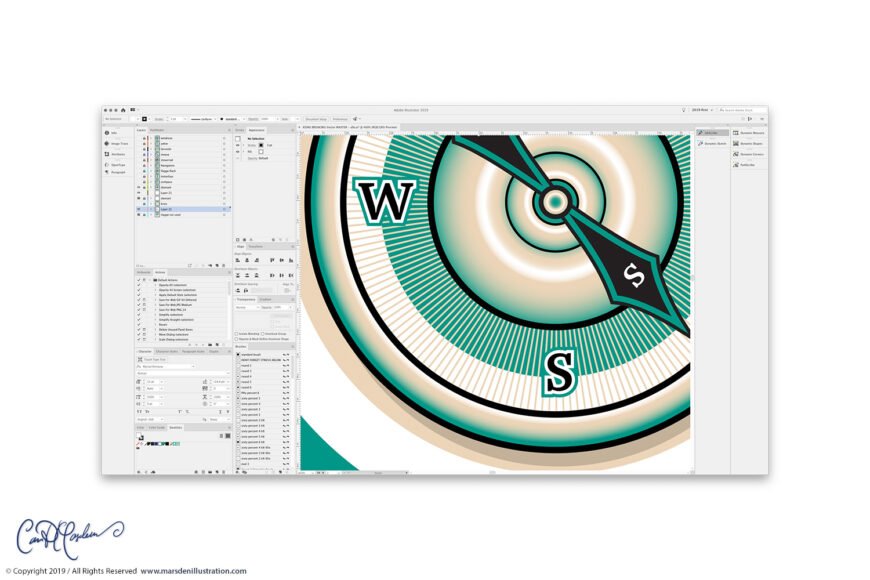 Digital illustration of compass design in Adobe Illustrator workspace with visible directions.