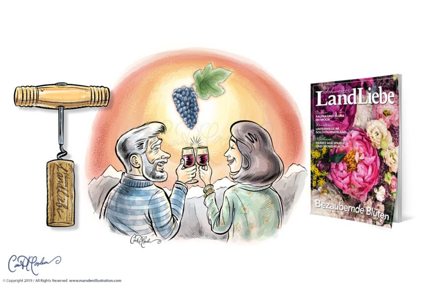 Couple toasting wine with mountain sunset, grape, corkscrew, and "LandLiebe" magazine nearby.