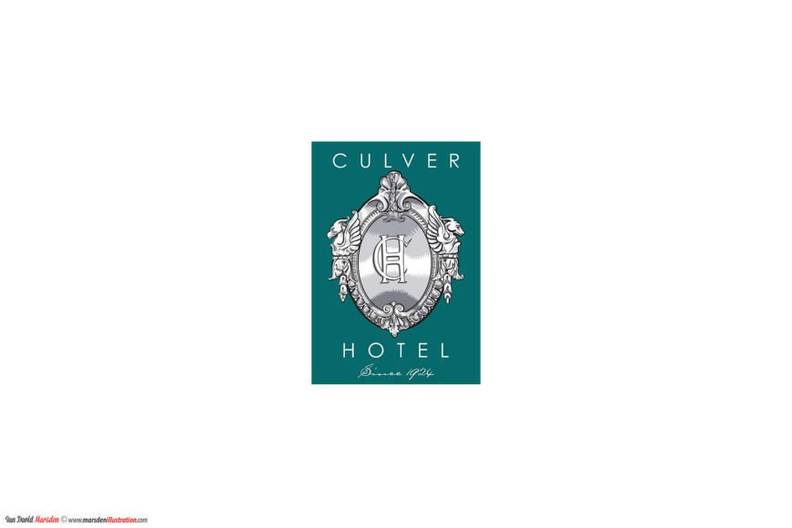 Culver Hotel logo with ornate silver emblem, griffins, initials "CH," teal background, and "Since 1924".