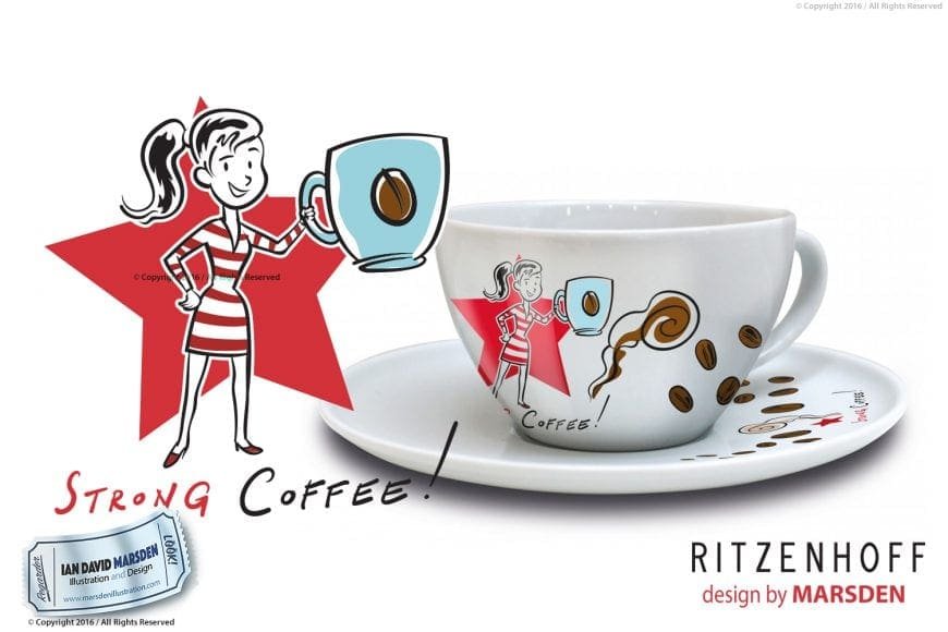 Decorative coffee cup with cartoon design, coffee beans, "Strong Coffee" text, red star motif.