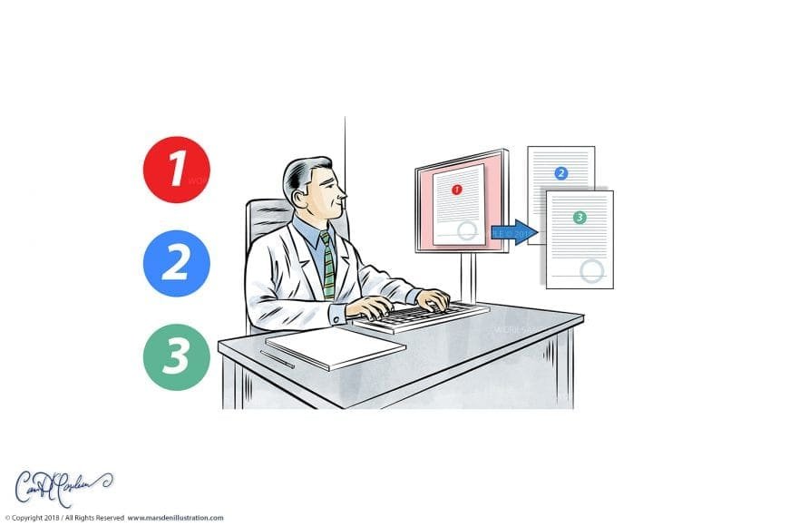 Person at desk using a computer with a step-by-step document flow process displayed.