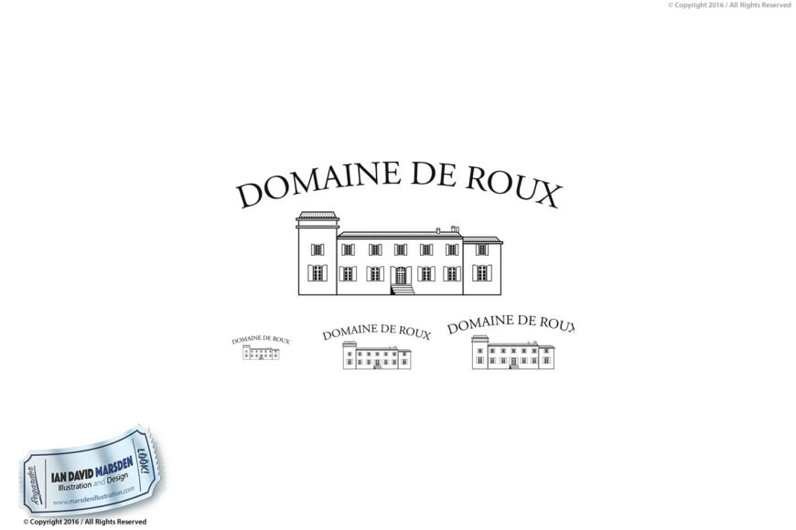 Domaine de Roux drawing with building, designer credit to Ian David Marsden.