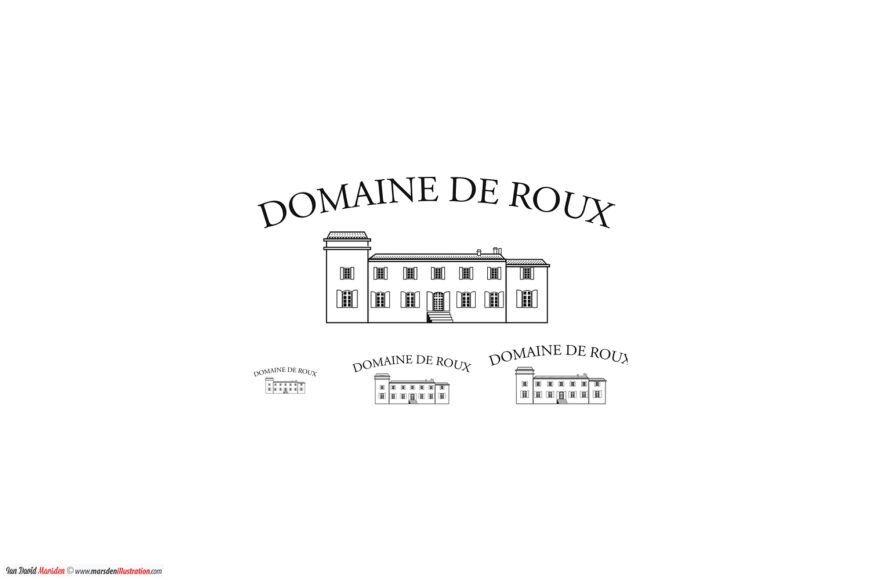 Logo for Domaine de Roux with building line drawing centered and text below.