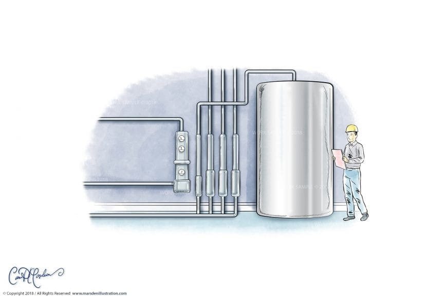 Engineer examines diagram by industrial tank, with pipes and control panels on the wall.