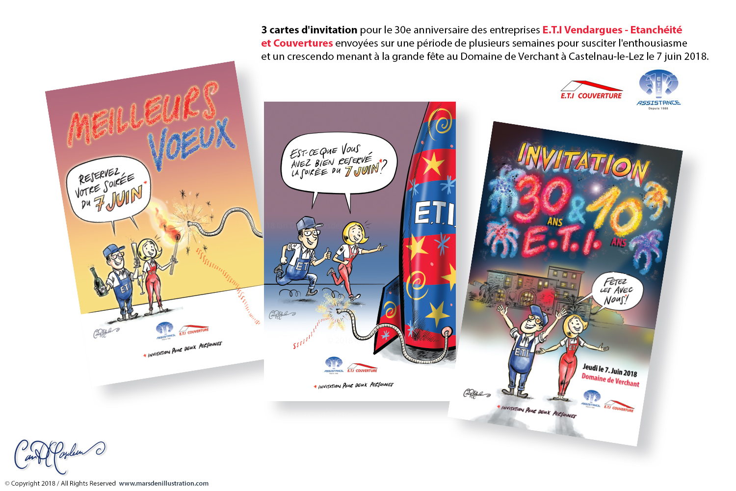 Série de trois cartes d’invitation illustrées pour l’anniversaire d’E.T.I. à Vendargues, culminant avec la soirée au Domaine de Verchant.