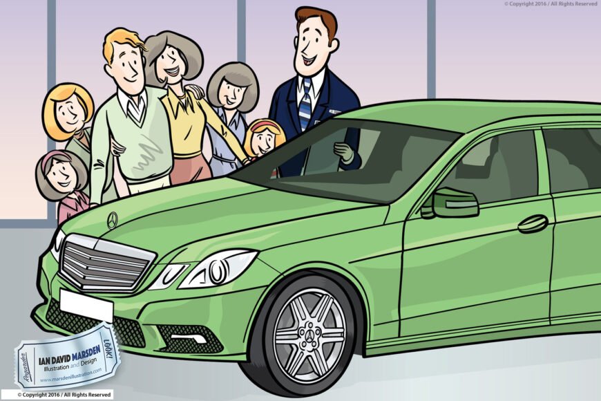 Family and salesman with green luxury car in showroom, artist info card visible.