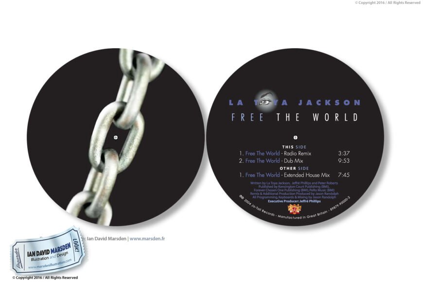 Free the World vinyl record showing three remix track listings and album credits.