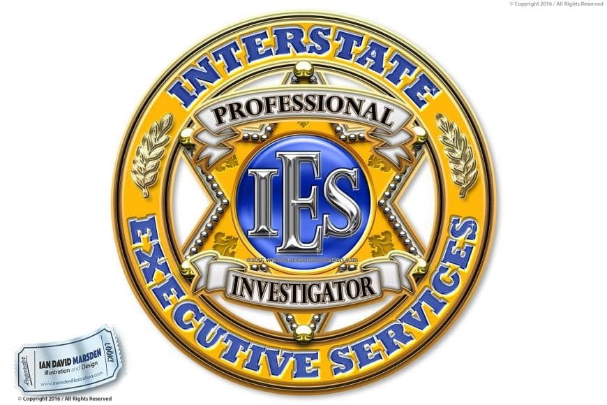 Gold and blue badge with "IES" and "Professional Investigator" text, designed by Ian David Marsden.