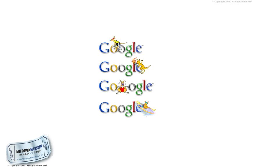 Google logo variations with kangaroos cycling, boxing, surfing; ticket shows Ian David Marsden's design.