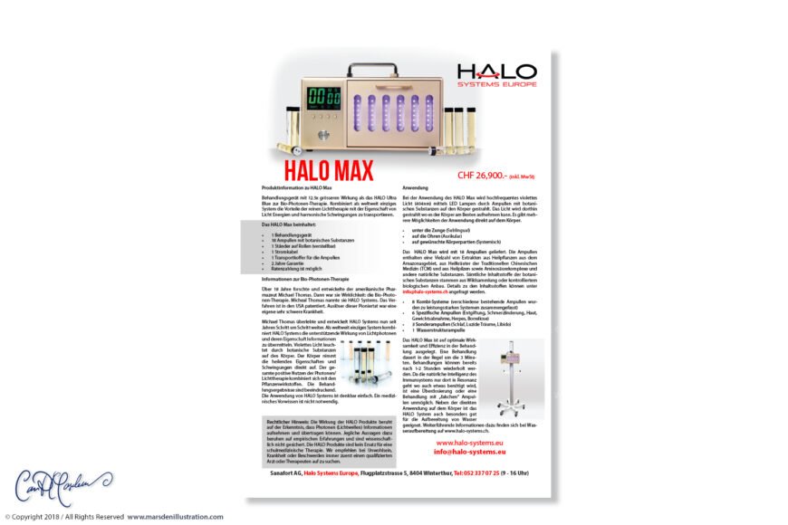 Halo Max flyer showing a violet light therapy device with pricing and product details.