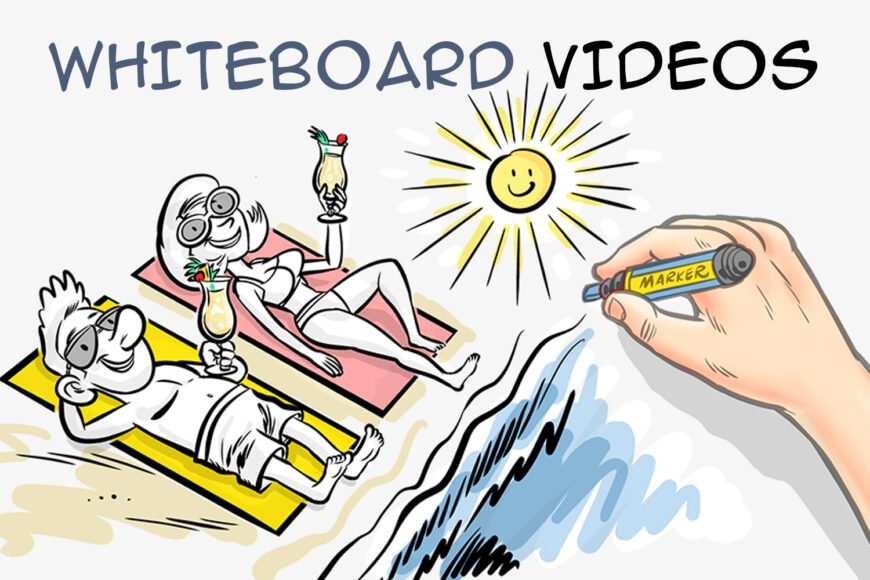 Hand drawing beach scene with sun, two people on chairs, drinks, "Whiteboard Videos" text.