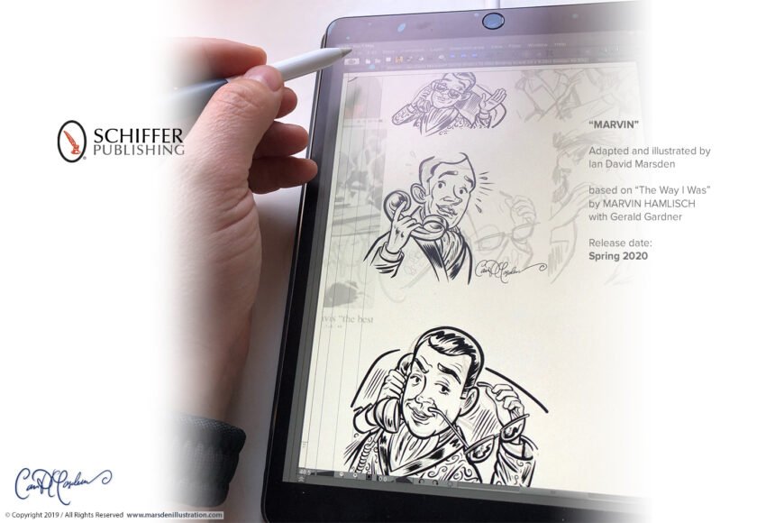 Hand with stylus illustrating cartoon sketches on a tablet for "Marvin" by Ian David Marsden.