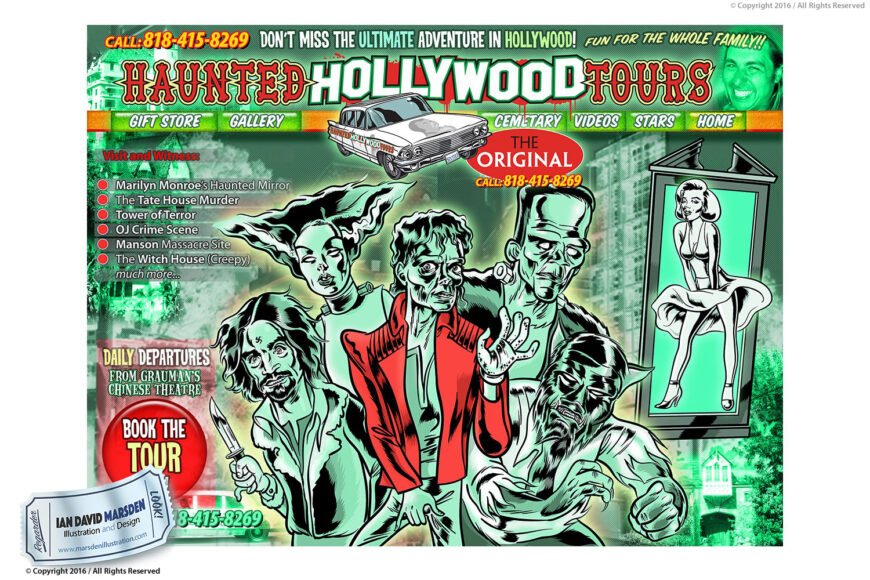 Haunted Hollywood Tours ad with horror icons, sites, and daily tour info from Grauman's Theatre.