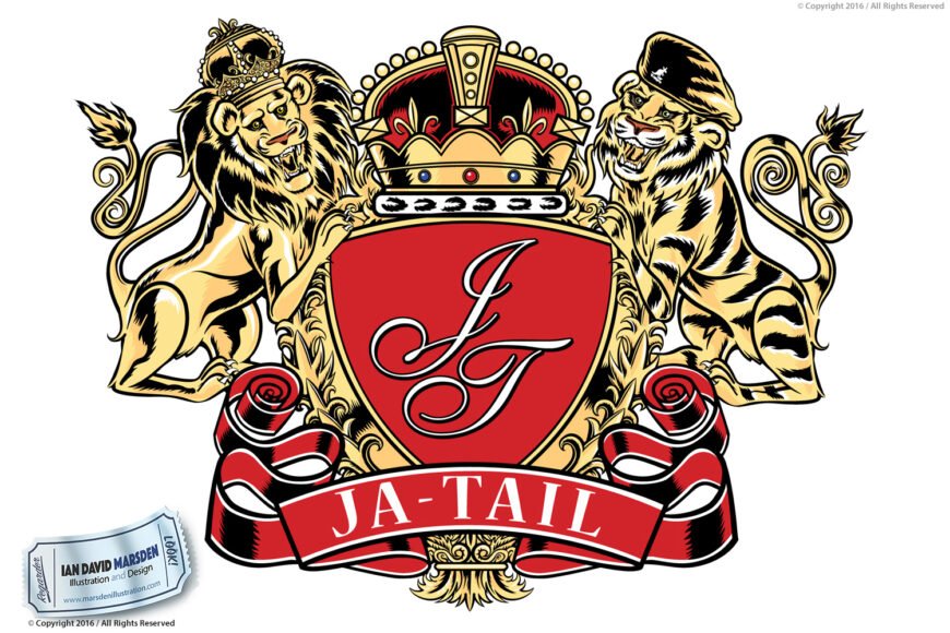 Heraldic emblem with red shield, "JT", lion, tiger, crown, and "JA-TAIL" on banner.