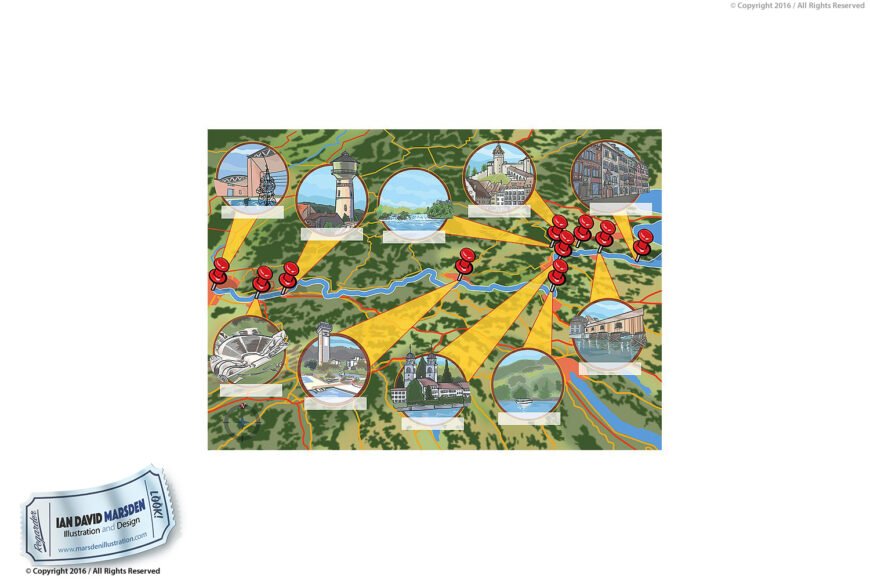 Illustrated map with landmarks, pin markers, and yellow beams highlighting buildings and scenic spots.