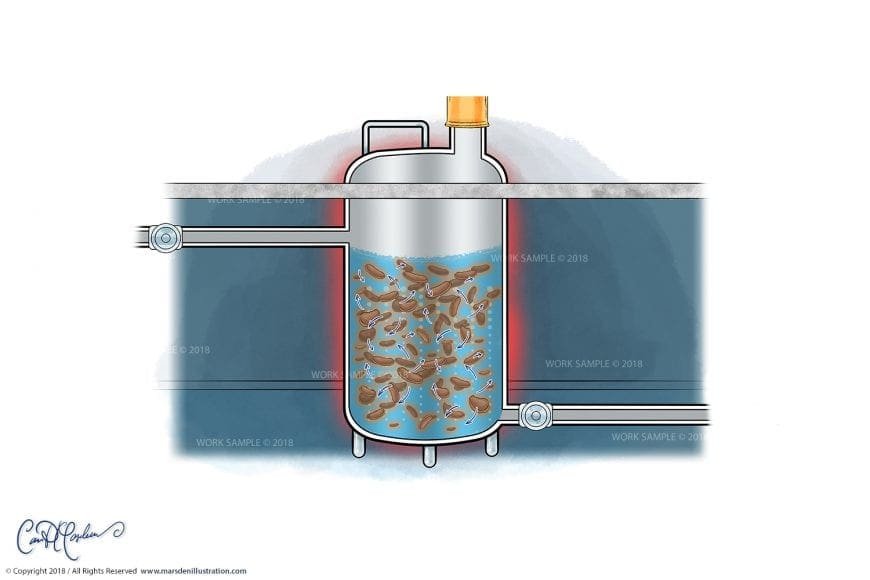 Industrial mixing tank with solids in liquid, submerged, showing mixing dynamics and controls.