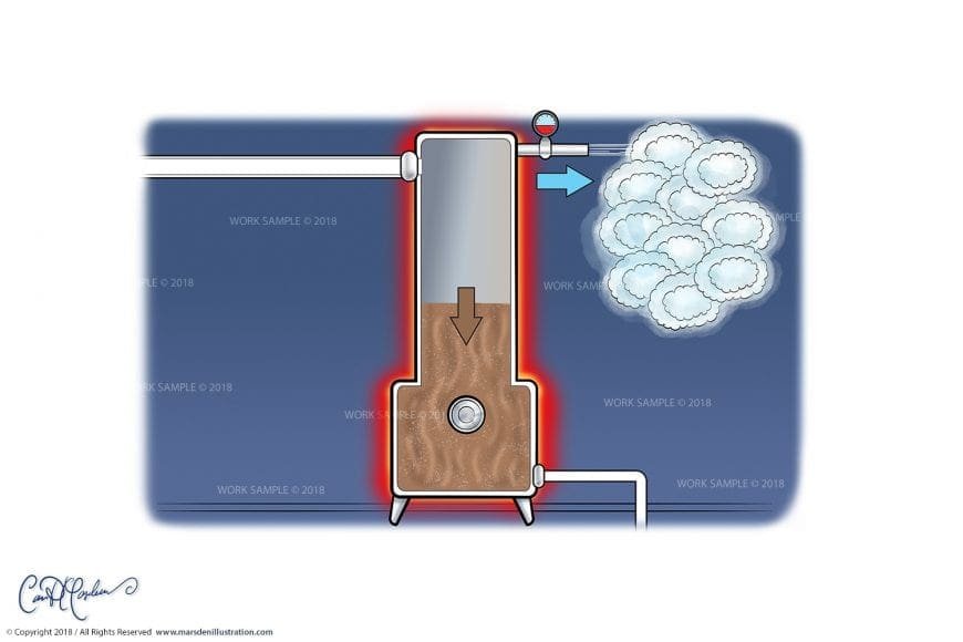 Industrial tank heating substance with steam/gas release depicted by white clouds.