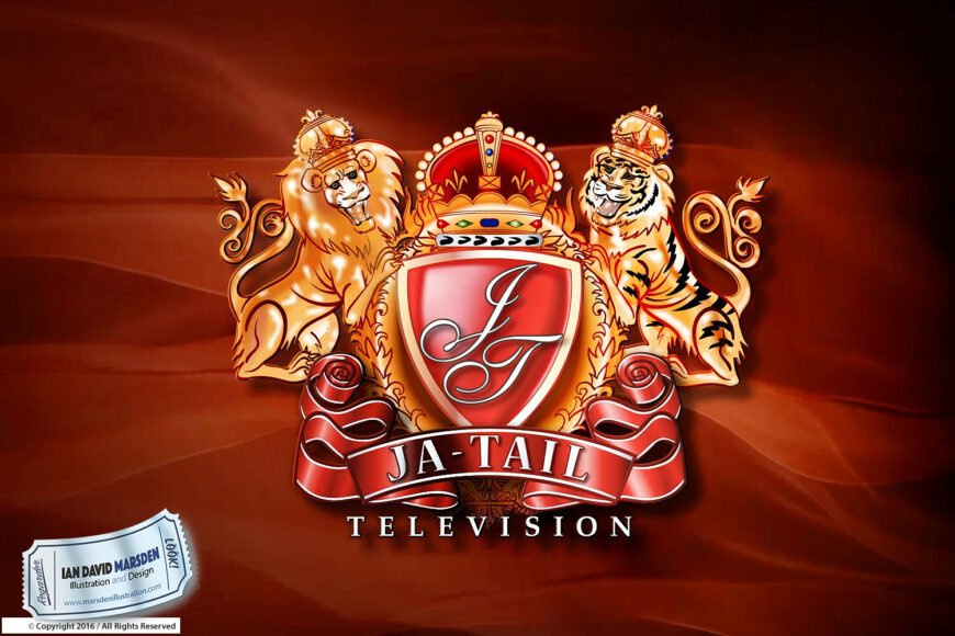 Logo of JA-Tail Television with crowned lion, tiger, red shield, and copyright note.