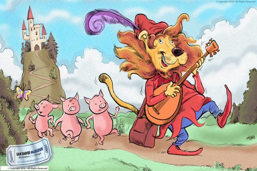 Lion in red coat plays instrument leading pigs on path, castle and butterfly in background.