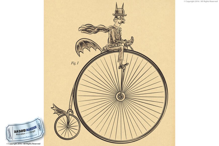 Man in superhero costume on penny-farthing bike, monochrome, vintage-style illustration.