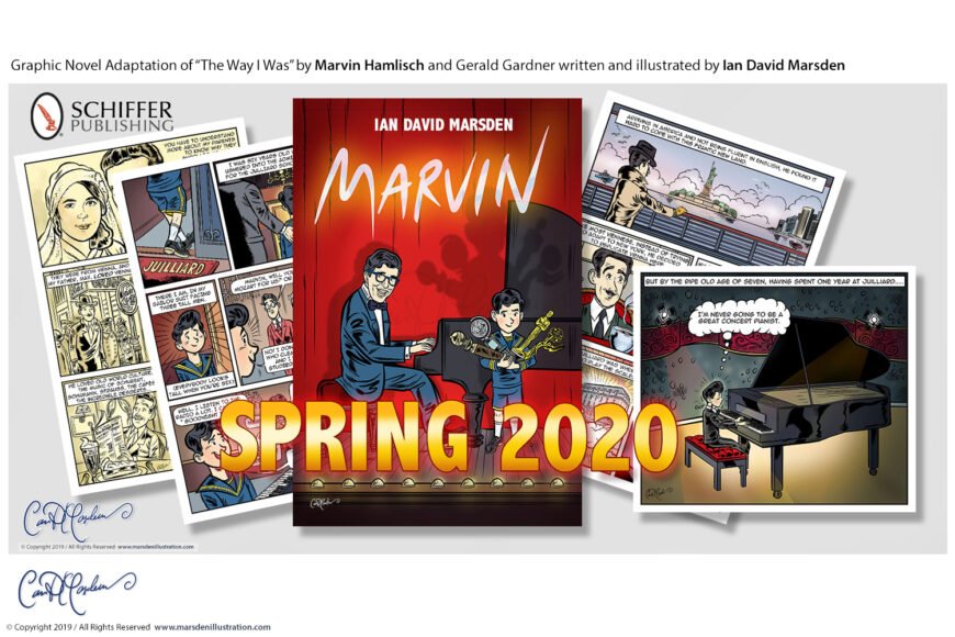 Promotional poster for the graphic novel "Marvin" by Ian David Marsden, releasing spring 2020.