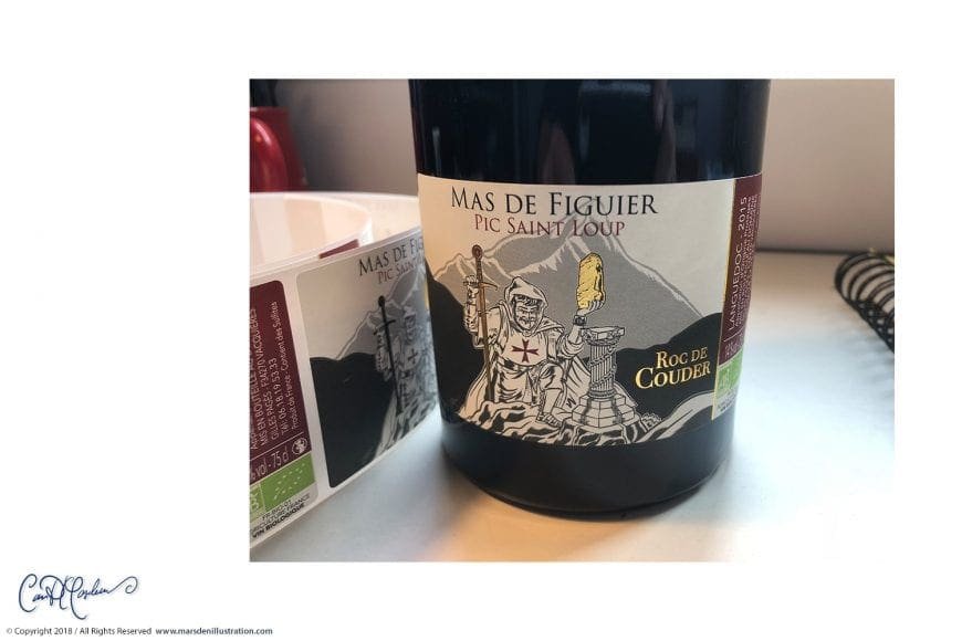 Wine bottle labeled "Mas de Figuier Pic Saint Loup Roc de Couder," 2015 Languedoc, 75cl, 13% alcohol.