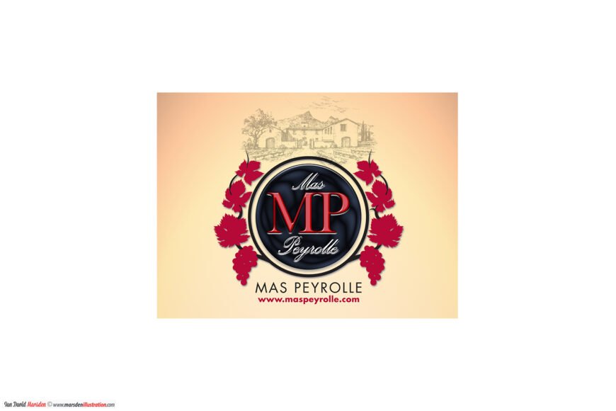 Mas Peyrolle logo with "MP" in red, black circle, grape leaves, building sketch, website below.