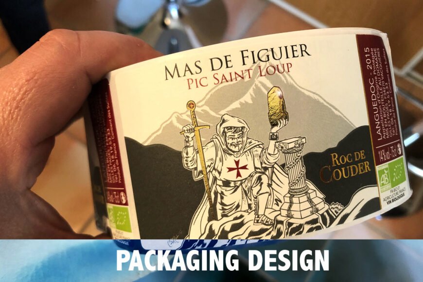 Wine label featuring medieval knight, mountains, "Mas de Figuier," Languedoc, organic, 2015.