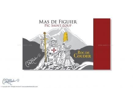 Wine label with medieval knight, sword, shield; mountain background; "Mas de Figuier" text.