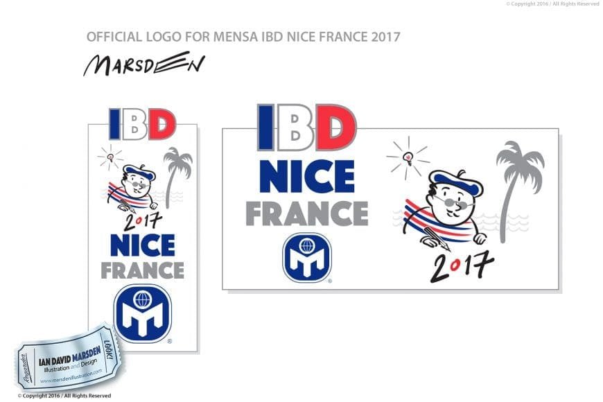 Mensa IBD 2017 logo featuring cartoon character, lightbulb, palm tree, and "Nice France".