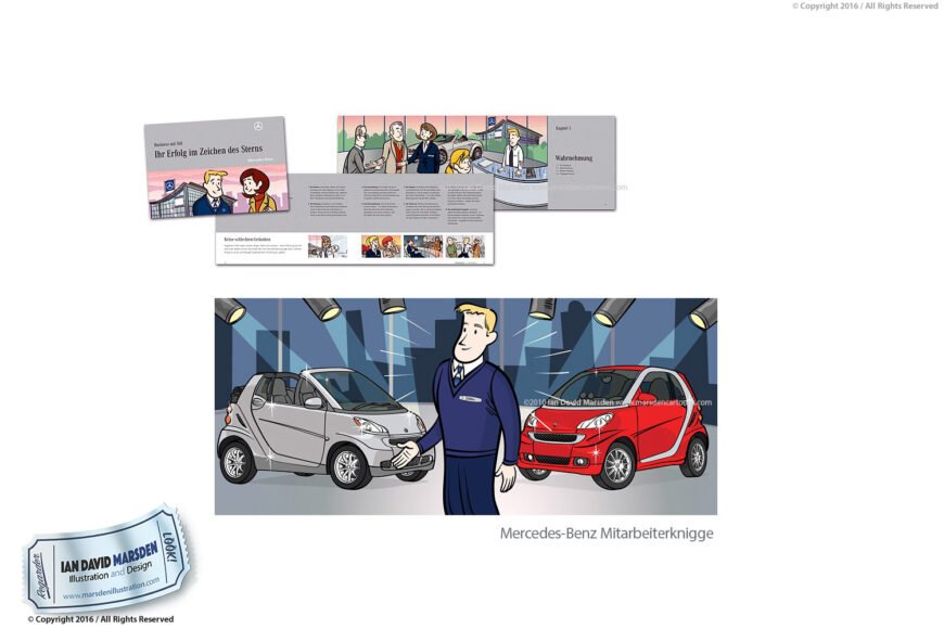 Mercedes-Benz employee guide with cartoon graphics of people, cars, and corporate settings.