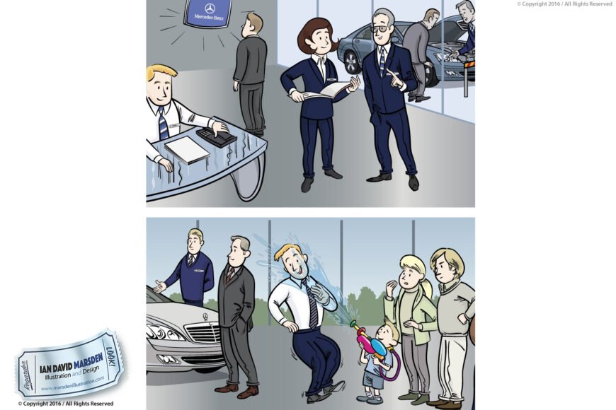 Comic of Mercedes-Benz showroom with salespeople, customers, and child spraying water gun.