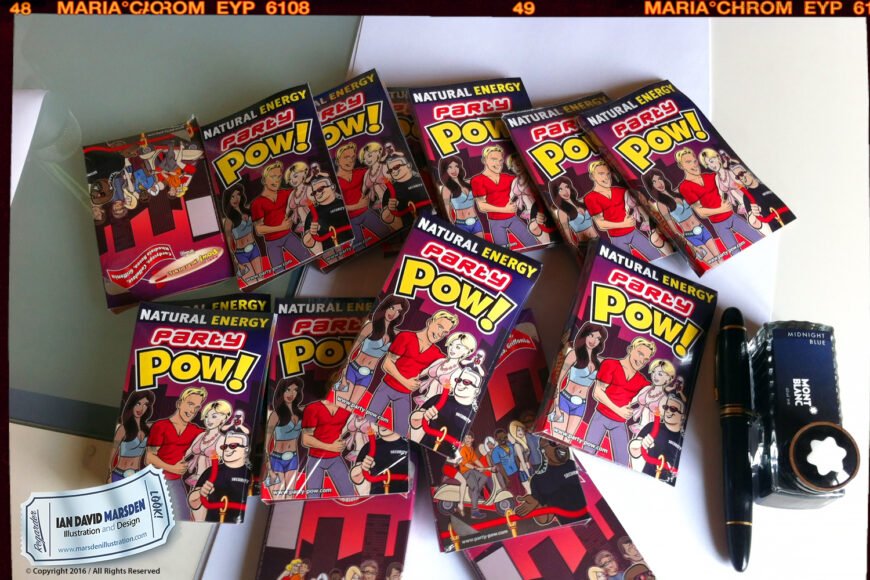 Natural Energy Party Pow! packages with colorful cartoons, pen, and Midnight Blue ink bottle.