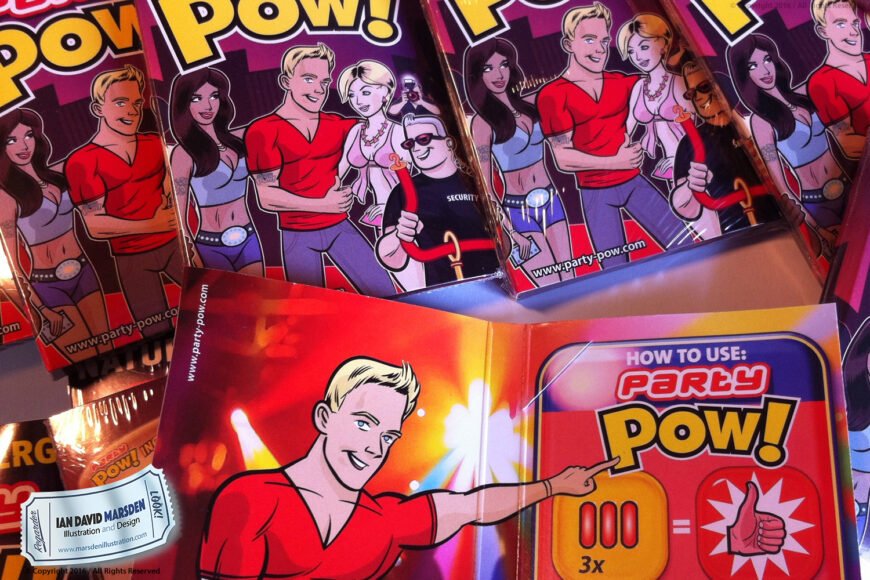 Animated guide instructing on "Party Pow!" with vibrant designs and characters in casual attire.