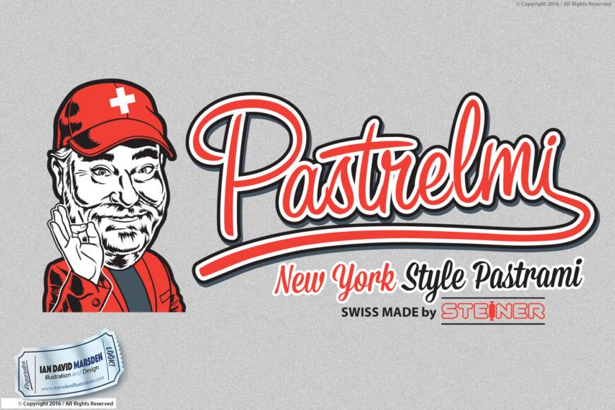 Pastrelmi logo with cartoon man, New York Style Pastrami, Swiss Made by Steiner, by Ian Marsden.