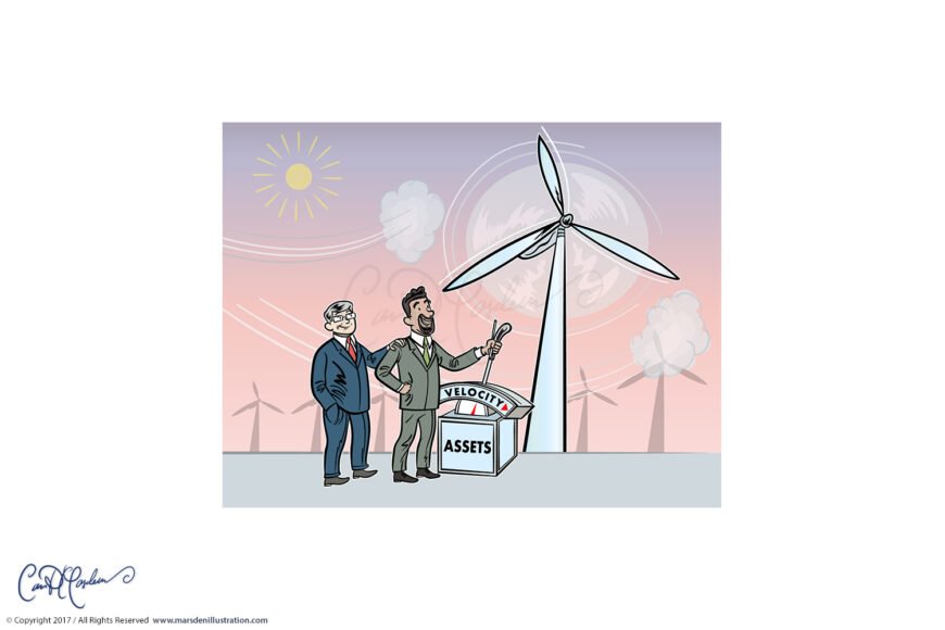 Two people with controls by a wind turbine, pastel sky with more turbines, sun, and clouds.