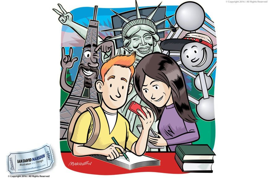 Two people using a smartphone with personified landmarks in the background, books in foreground.