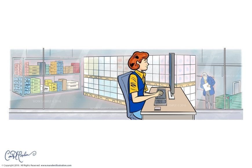 Person at desk with computer in organized warehouse, shelves of labeled boxes, observer outside.