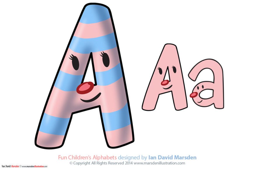 Playful illustration of uppercase and lowercase "A" with cartoon faces and colorful stripes.