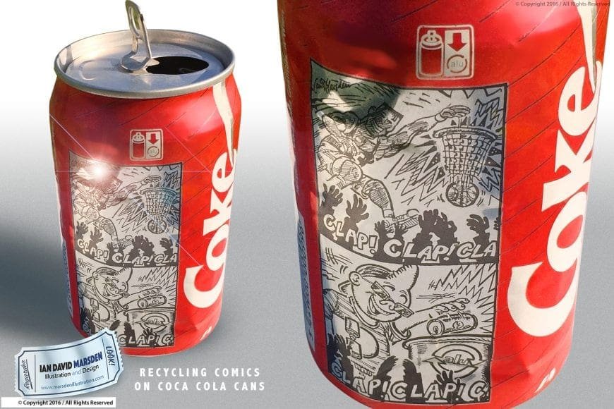 Red Coca-Cola can with comic strip design by Ian David Marsden, promoting recycling themes.