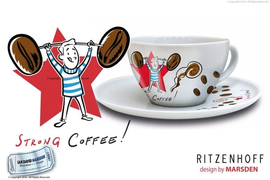 Ritzenhoff cup and saucer with coffee bean weightlifting design by Marsden, "Strong Coffee!" text.