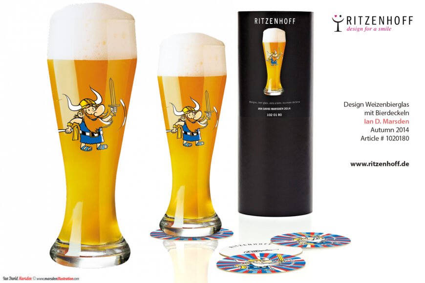 Ritzenhoff wheat beer glass set with Viking design, coasters, and packaging by Ian D. Marsden.