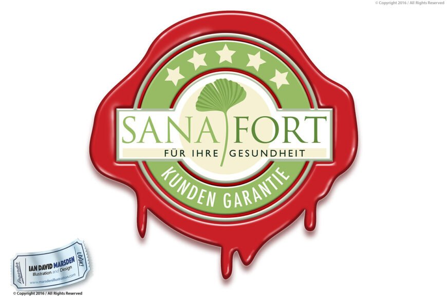 Seal design with "Sanafort," health phrases, stars, leaf icon, artist credit for Ian David Marsden.