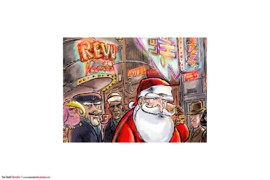 Santa Claus and people in front of colorful neon signs in a festive urban setting.