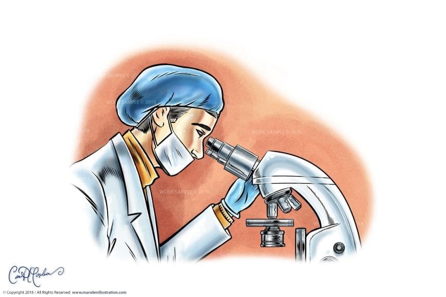 Scientist with blue cap, mask, and gloves using a microscope in a lab.