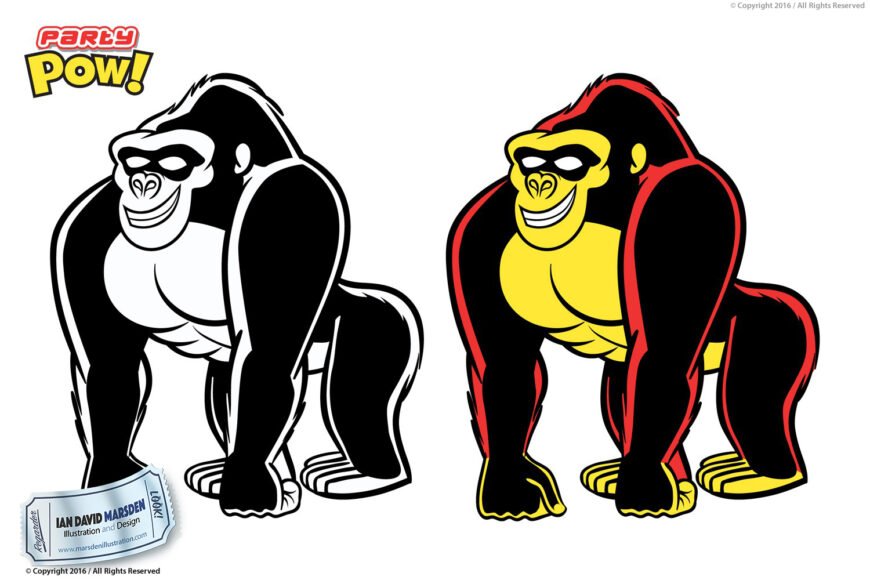 Two smiling cartoon gorillas, one black-and-white, one colored, with "Party Pow!" logo.